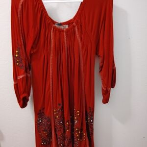 Elegant Long Sleeve Red Dress with Floral Details